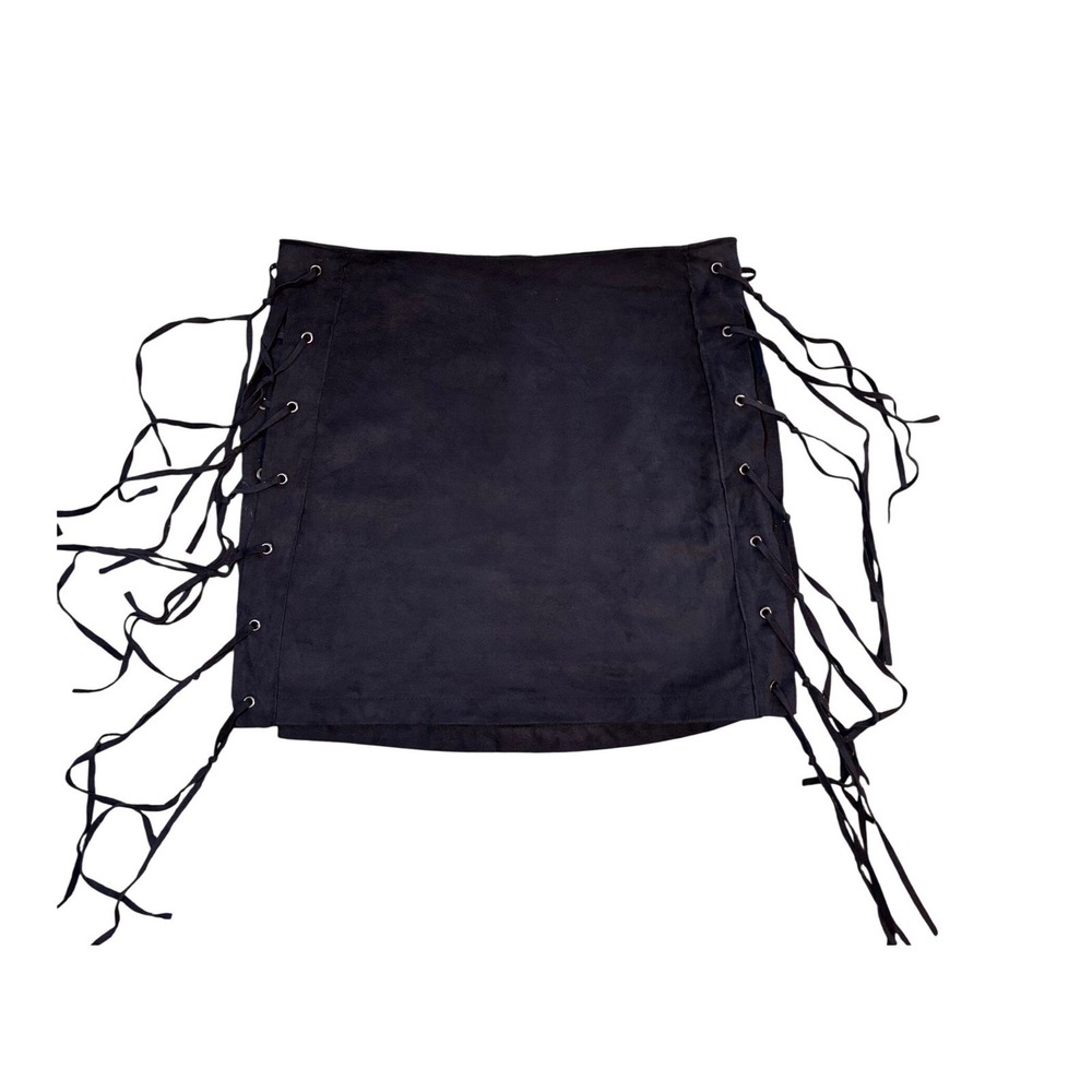 Bongo Mini Skirt Women Size M Black Excellent Lace Up Faux Suede Fringe